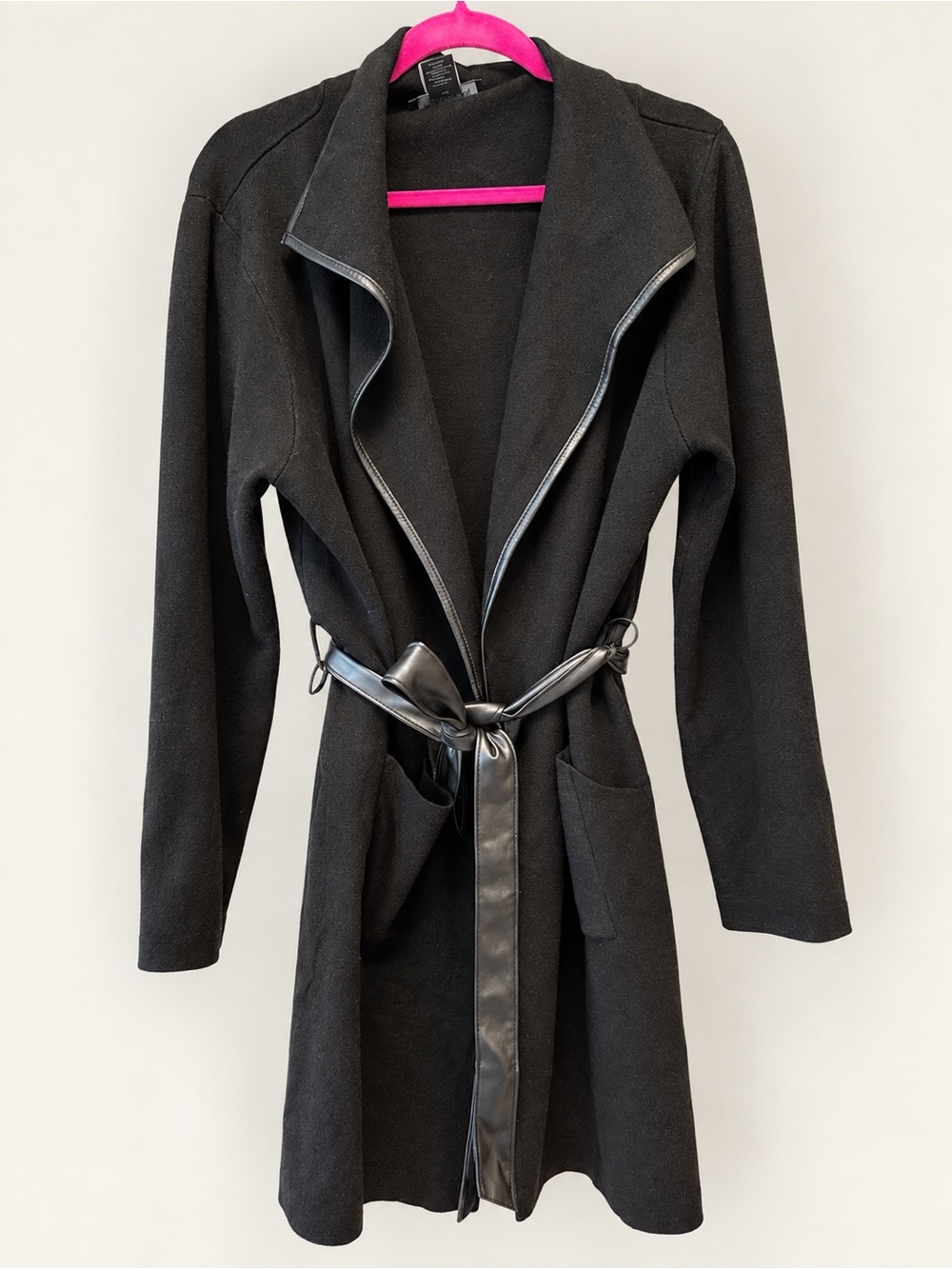 Tahari Black Faux Leather Trim Trench Sweater Coat XL NWOT